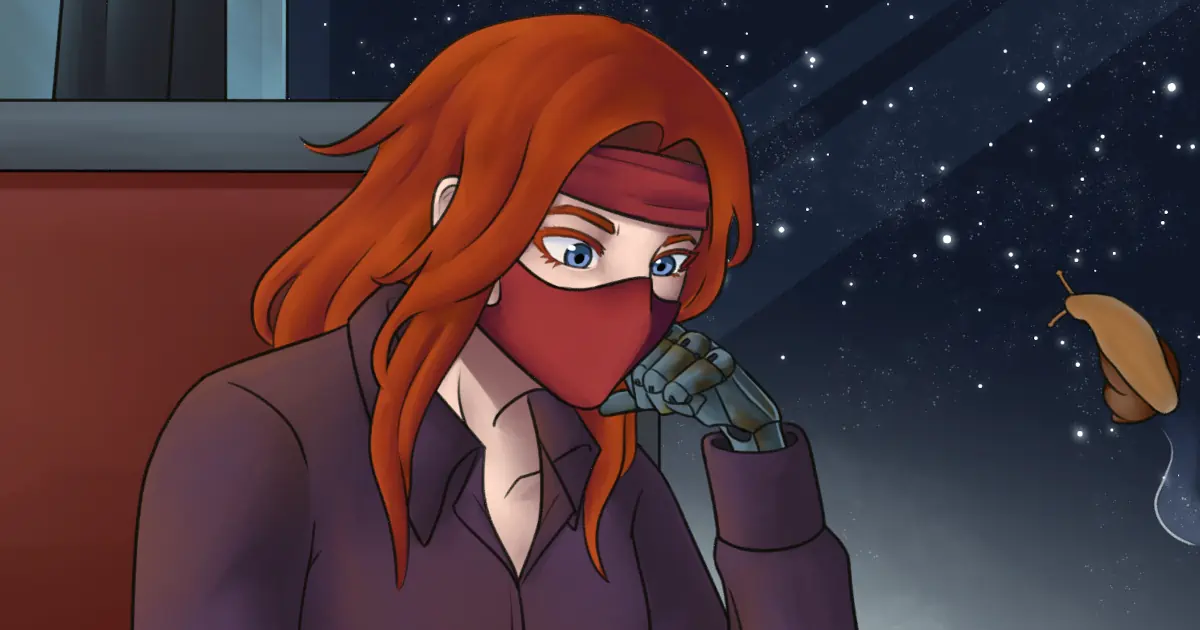 Illustrative art showing Tara resting her head on her cybernetic left hand, twirling a black queen chess piece after losing a game, a vodka tonic beside her.