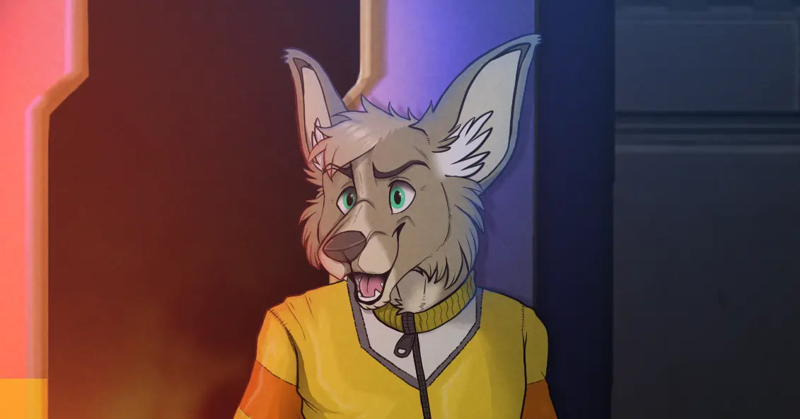 Illustration showing a young Tidus Kase-Koenig emerging from a burning room through an airlock, looking excited, carrying engineering tools.