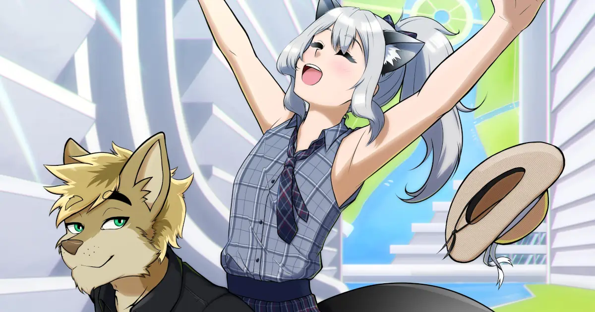 An illustration of Tidus and Miu aboard a Tajaran trading vessel, Miu getting a piggyback, Tidus having been transformed into a tajaran in disguise.